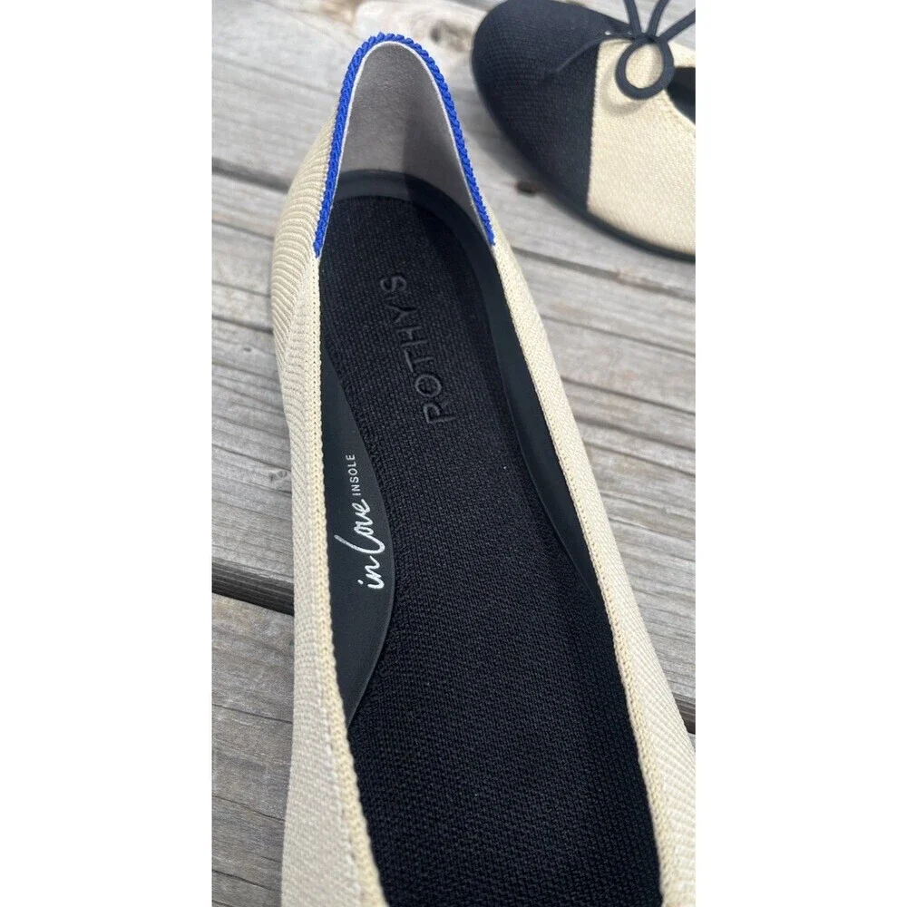 Rothy's The Ballet Flat Women's 10 Cream w/ Black Captoe Bow Accent